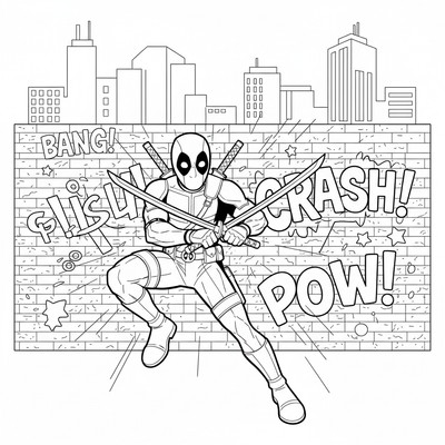 Deadpool framför en stadsvägg med graffiti