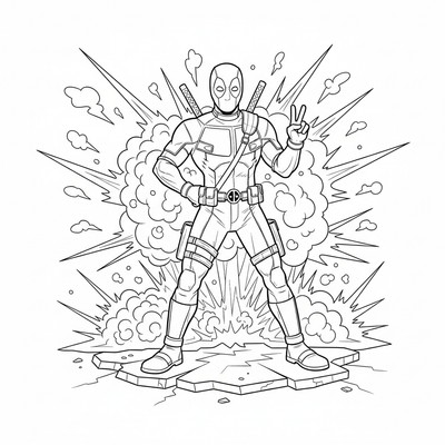 Deadpool som poserar med explosioner bakom