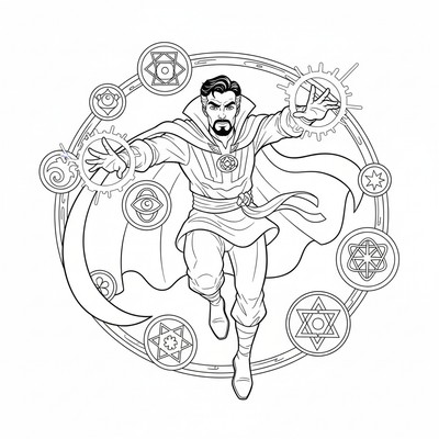 Doctor Strange som håller flera svävande symboler