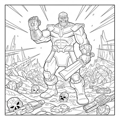 Thanos som står på ett slagfält