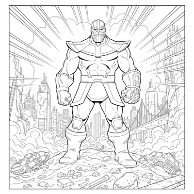 Thanos framför en förstörd stad