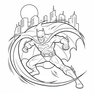 Batman i stridsställning med manteln svepande