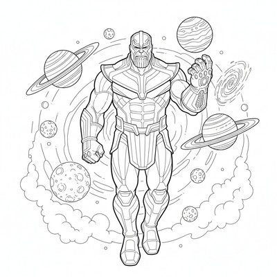 Thanos i rymden med planeter runtom
