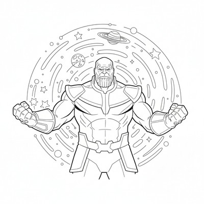 Thanos med galaxer som lyser bakom honom