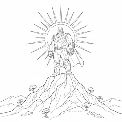 Thanos på ett berg med solen i bakgrunden