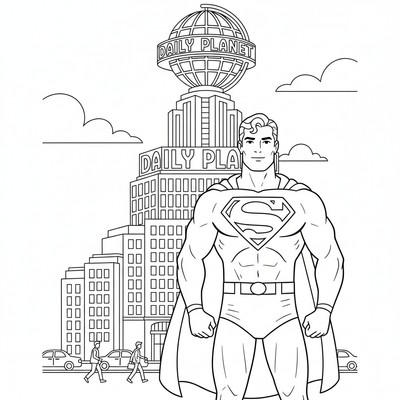 Superman framför Daily Planet-byggnaden