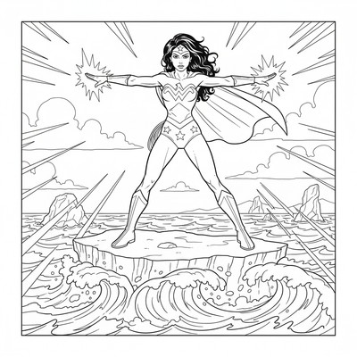 Wonder Woman på en klippa vid havet