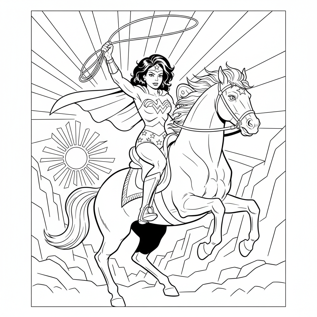 Wonder Woman som rider på häst