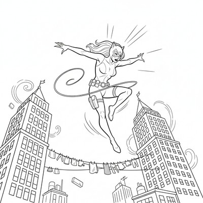 Catwoman som hoppar mellan byggnader