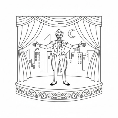 Joker i en teaterscen med röda draperier