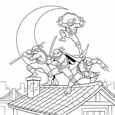 Ninja Turtles i stridsställning på hustak