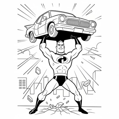 Mr. Incredible som lyfter en bil