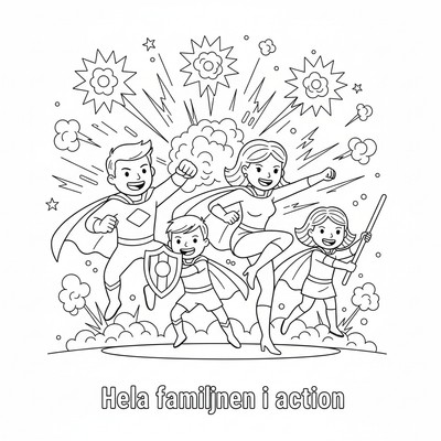 Hela familjen i action med explosioner i bakgrunden