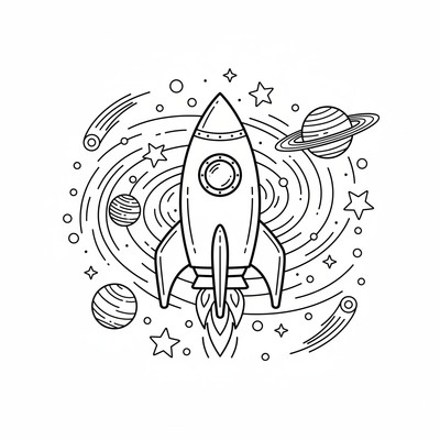 Rocket framför stjärnor och planeter