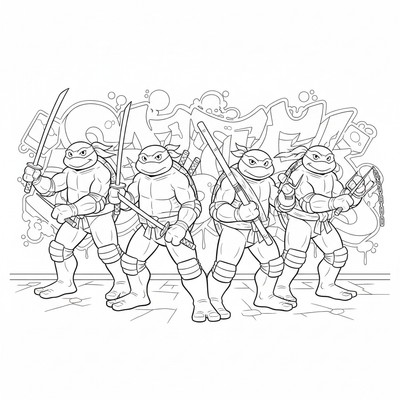 Ninja Turtles framför en graffitovägg