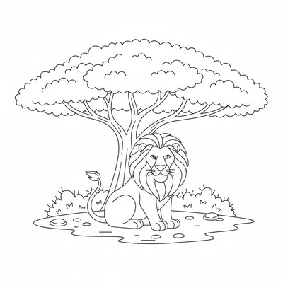 Lejon som sitter under ett akaciaträd