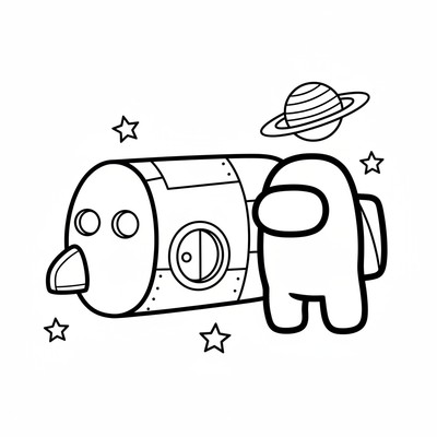 Among Us-figur i rymddräkt utanför skepp