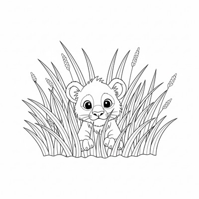 Lejonunge som kikar genom högt gräs