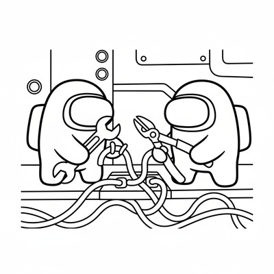 Två crewmates som fixar kablar