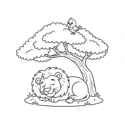 Lejon som vilar i skuggan av ett akaciaträd med en fågel på grenen ovanför