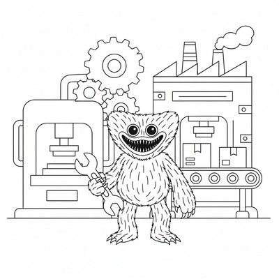 Huggy Wuggy framför stora maskiner