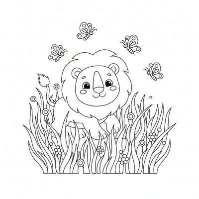 Lejon som går genom högt gräs med fjärilar omkring