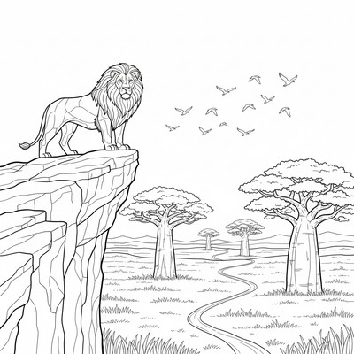 Lejon på hög klippa; savann med baobabträd, slingrande stigar och flyttfåglar på himlen