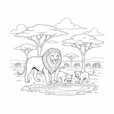 Lejonfamilj (hane, hona, unge) vid ett vattenhål med akacior, moln och zebror långt borta