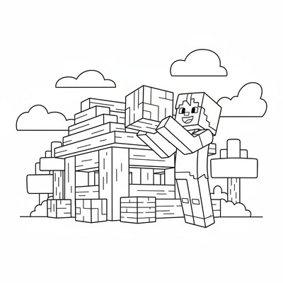 Minecraft Alex som bygger ett hus av träblock