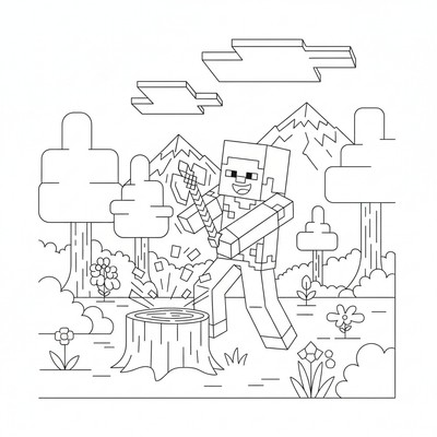 Minecraft Steve som hugger ved med en yxa i skogen