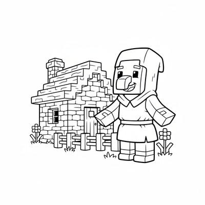 Minecraft Villager framför sitt lilla stenhus