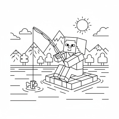 Minecraft karaktär som fiskar i sjö med spö