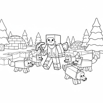 Minecraft spelare i snöbiom med vargflock