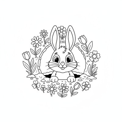 Kanin som tittar ut ur ett hål i marken med blommor runt öppningen