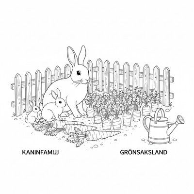Kaninfamilj vid ett grönsaksland: morötter, litet staket och vattenkanna i bakgrunden