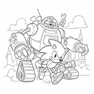 Sonic framför Dr. Eggmans robot