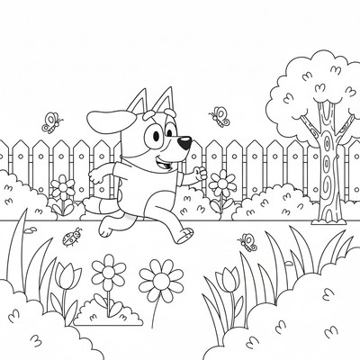 Bluey som springer i trädgården