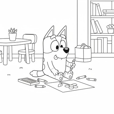 Bluey som ritar på papper