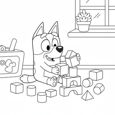 Bluey som bygger med klossar