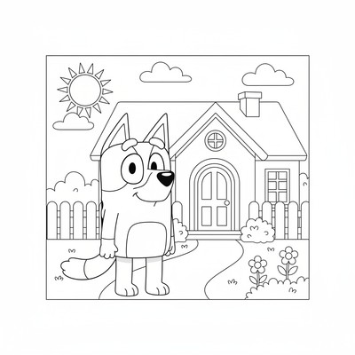 Bluey framför huset