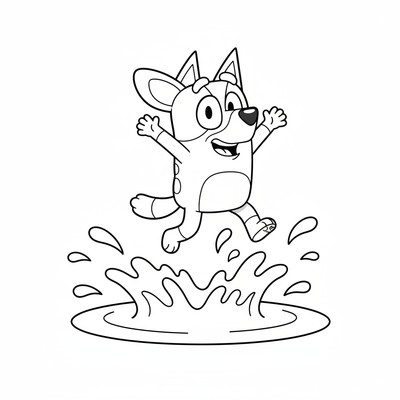 Bluey som hoppar i vattenpöl