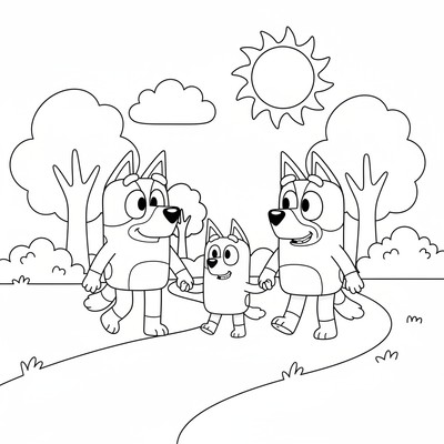 Bluey på promenad med föräldrarna