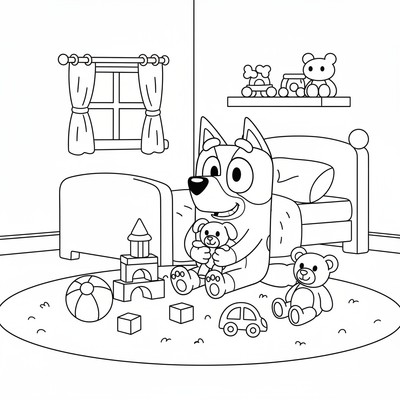 Bluey i sovrummet med leksaker