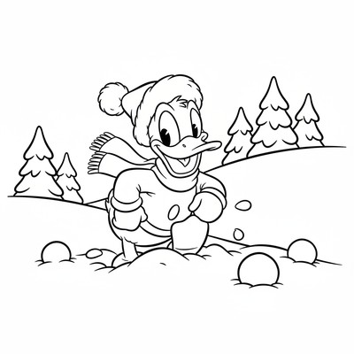 Kalle Anka i snö med mössa