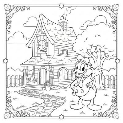 Kalle Anka framför hus