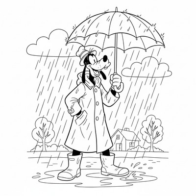 Långben i regnrock och paraply