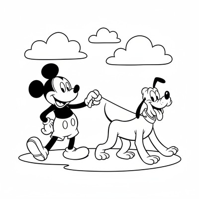 Pluto på promenad med Mickey