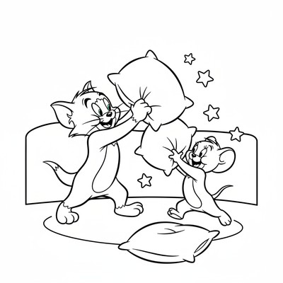 Tom och Jerry som slåss med kuddar
