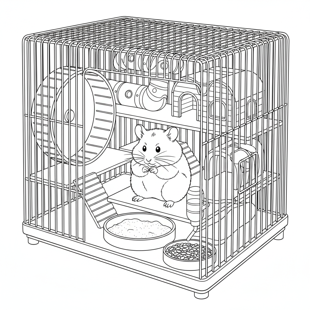 Hamsterbur med hjul, hus, sandbad och matstation; hamster i mitten som tvättar sig