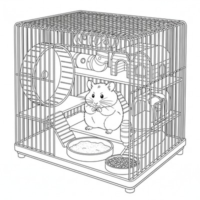 Hamsterbur med hjul, hus, sandbad och matstation; hamster i mitten som tvättar sig